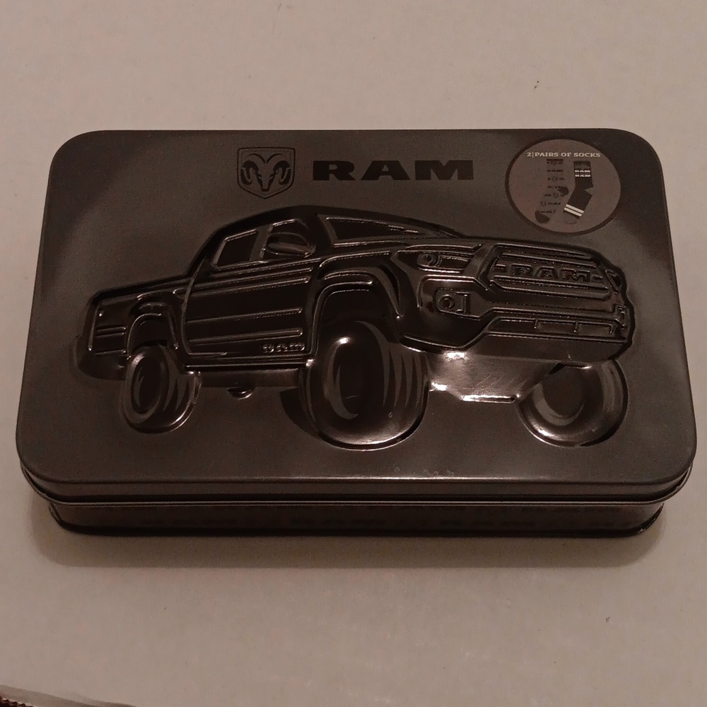 DODGE RAM TRUCK EMBOSSED METAL  BOX - TWO BLACK SOCKS